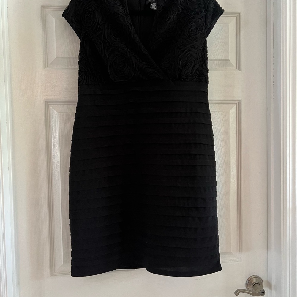 R&M Richards Black Pleated Rosette and Tiered Sheath Dress